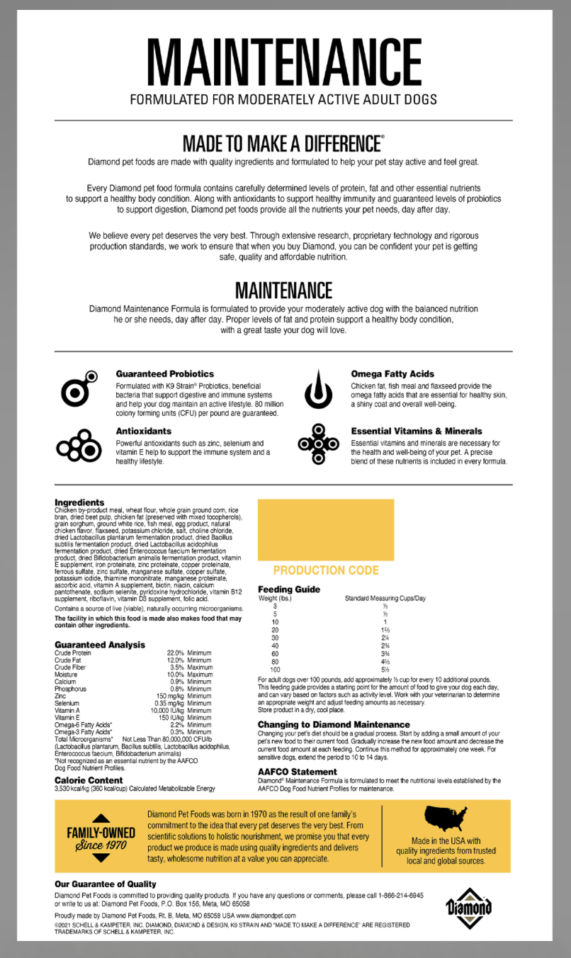 DIAMOND MAINTENANCE 50# Dog Food