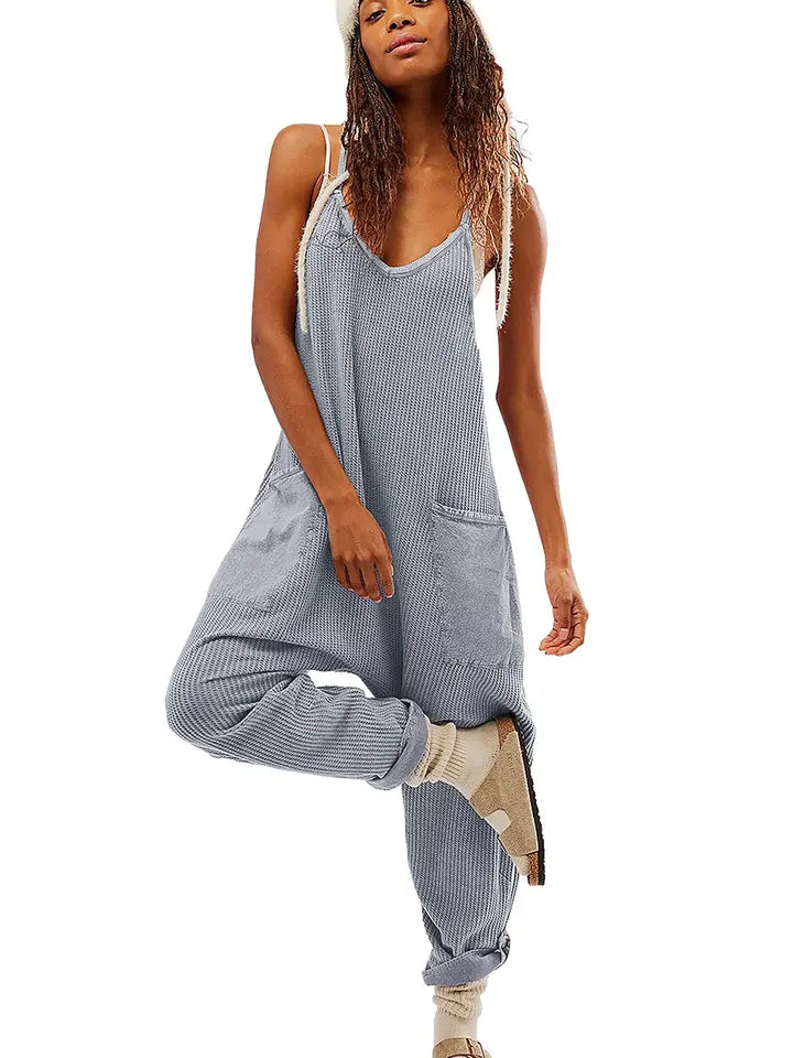 Gray Waffle Knit Spaghetti Jumpsuit