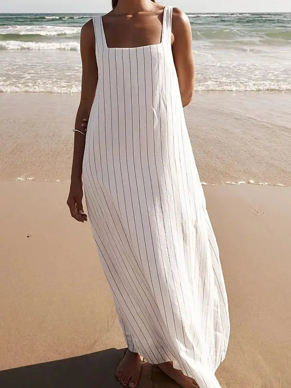 Beachside Chic: White Tank Top Maxi Dress with Black Stripes