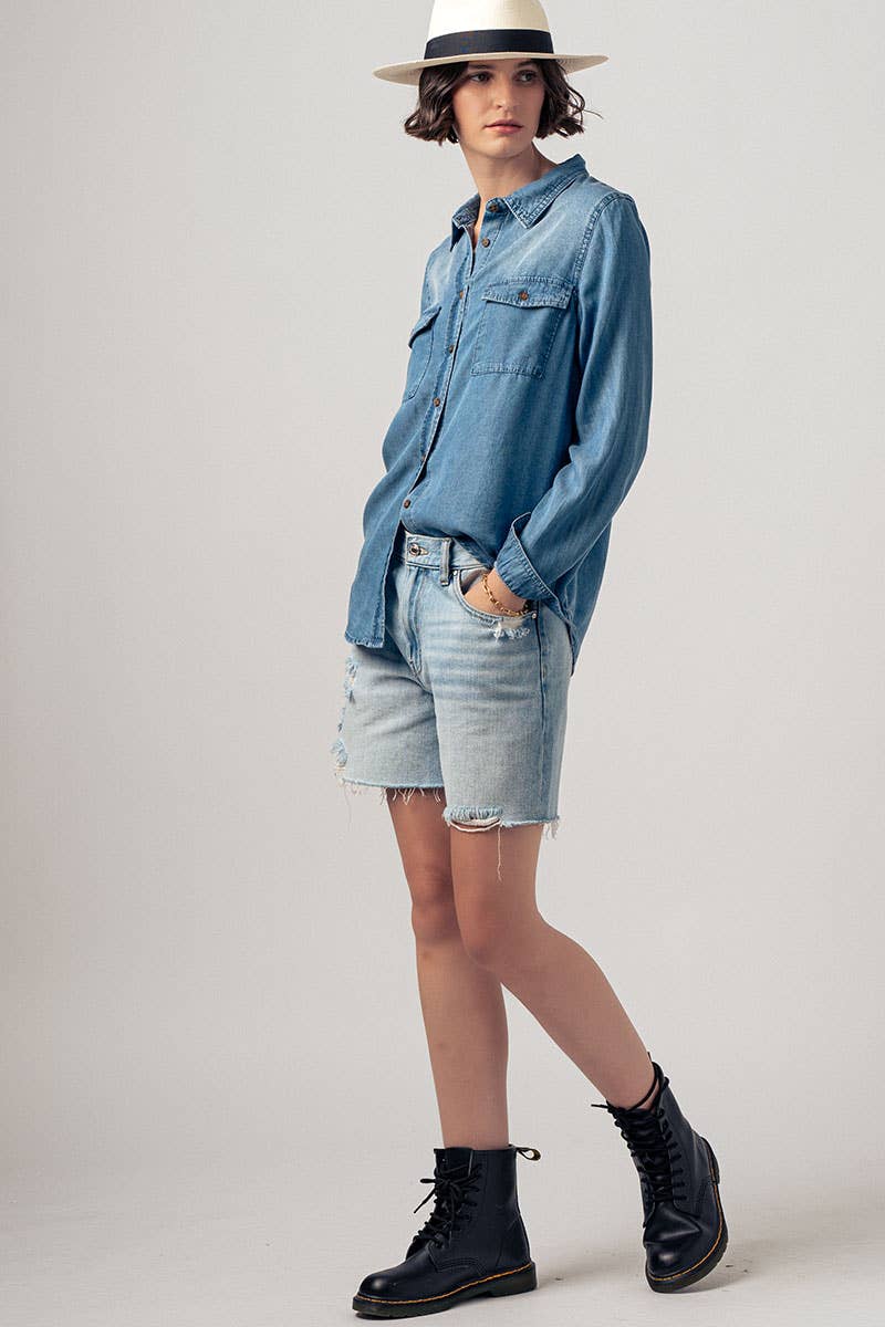 Classic Tencel Utility Casual Button Down Chambray Shirt