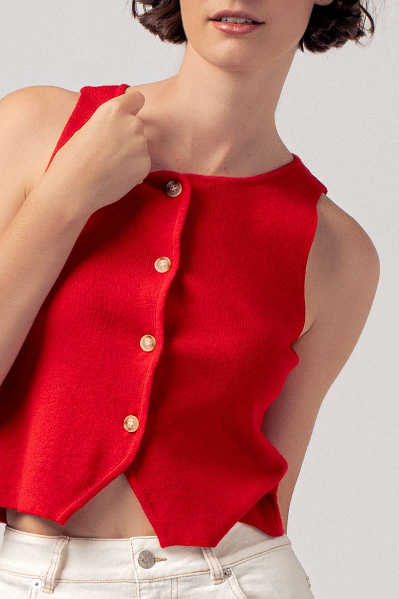 Pearl Button Curved Hem Sleeveless Knit Crop Top