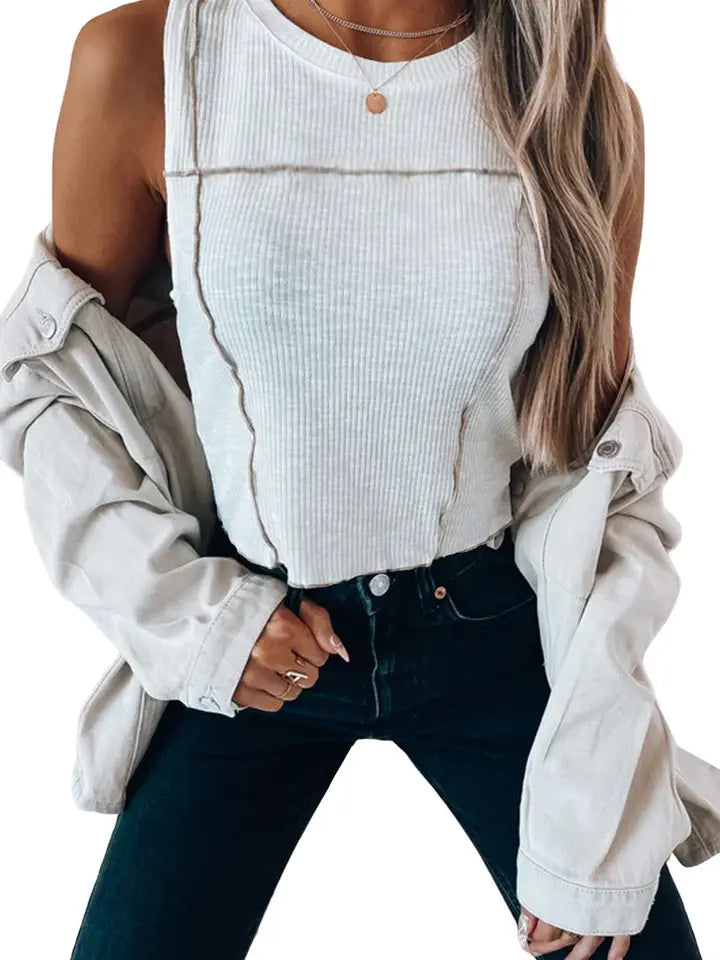 White Exposed Seam Ribbed Cropped Tank