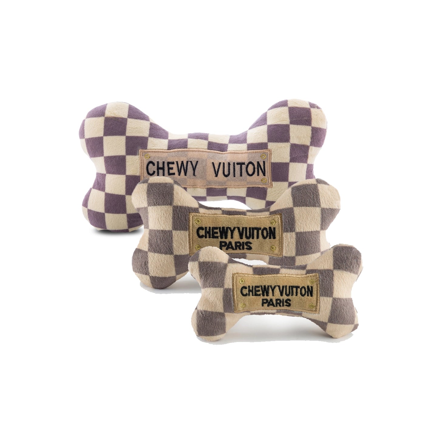 Checker Chewy Vuiton Bones Squeaker Dog Toy