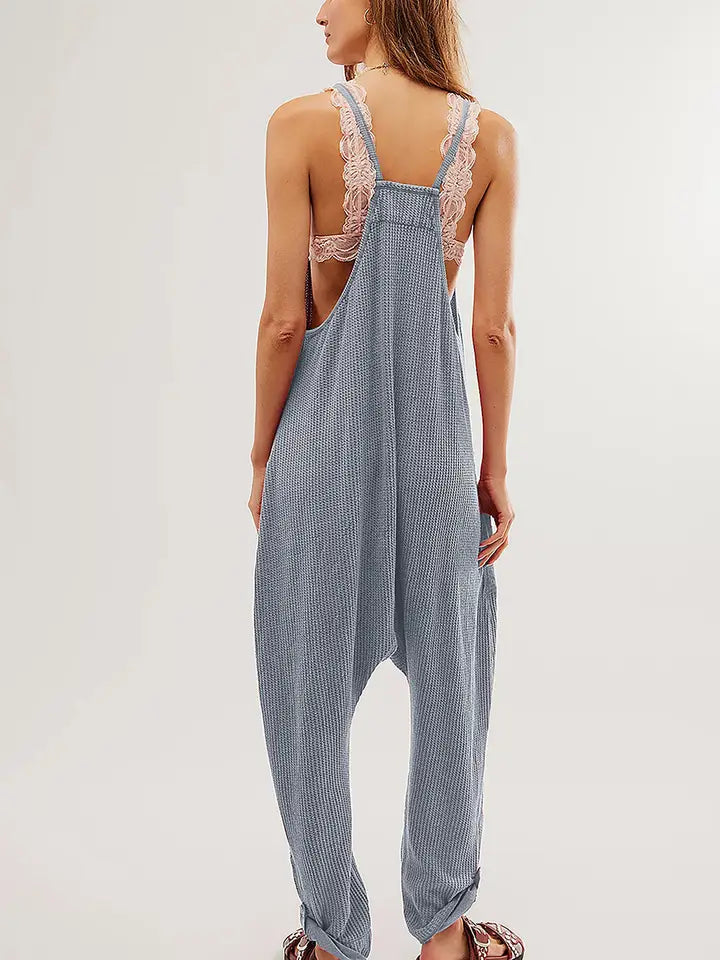 Gray Waffle Knit Spaghetti Jumpsuit