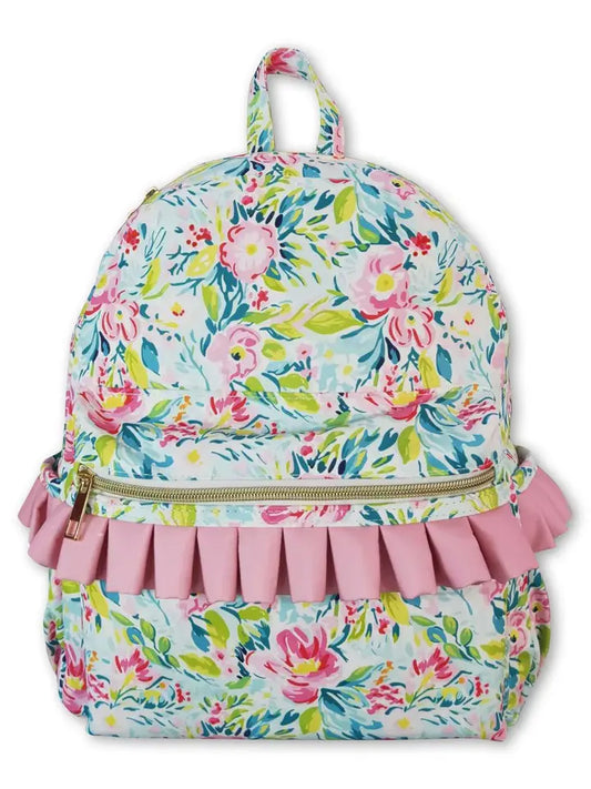 Green Pink Flower Ruffle Girls Backpack