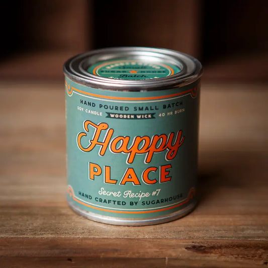 Sugarhouse Leather Happy Place Soy Candle with Wooden Wick