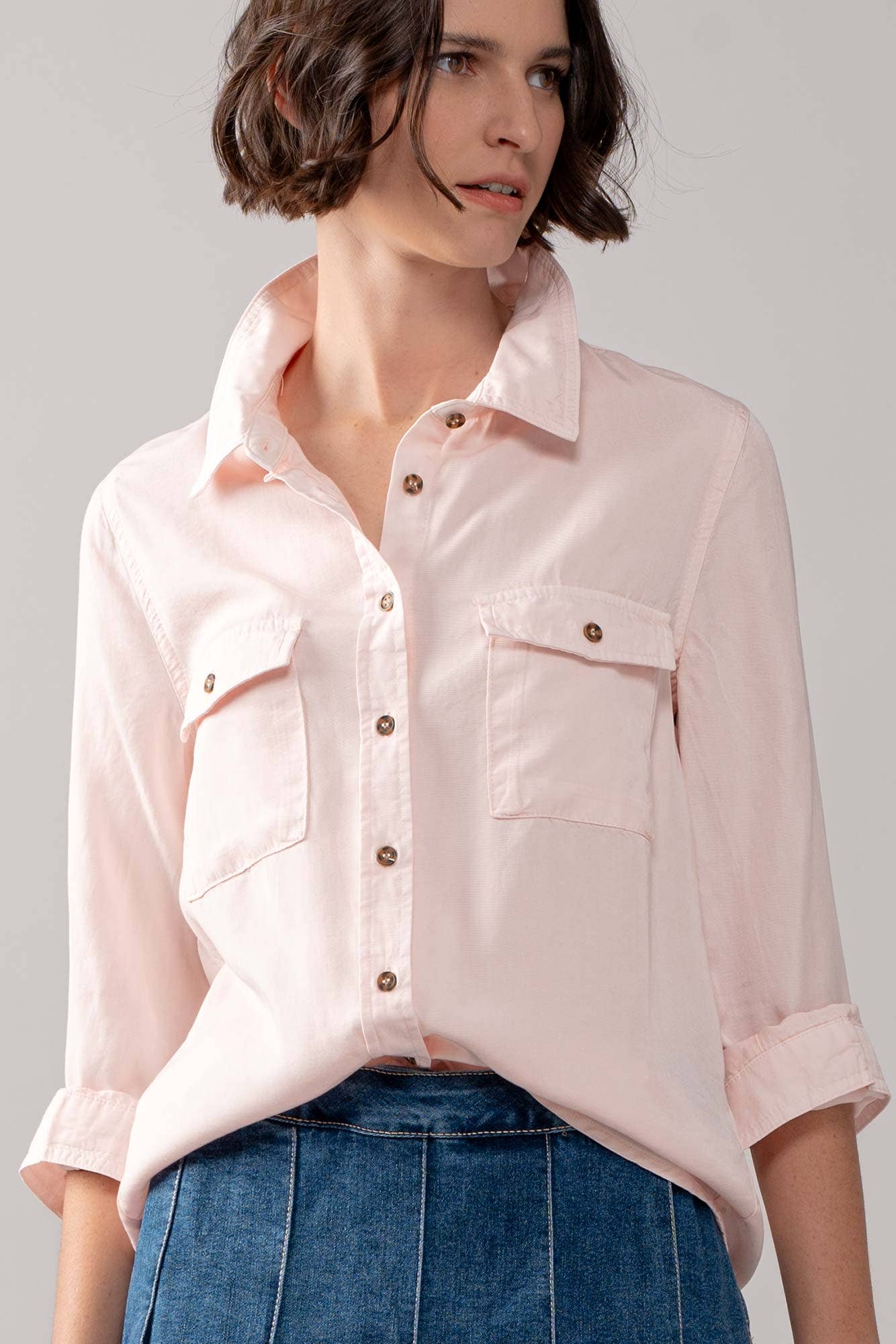 Classic Tencel Utility Casual Button Down Chambray Shirt