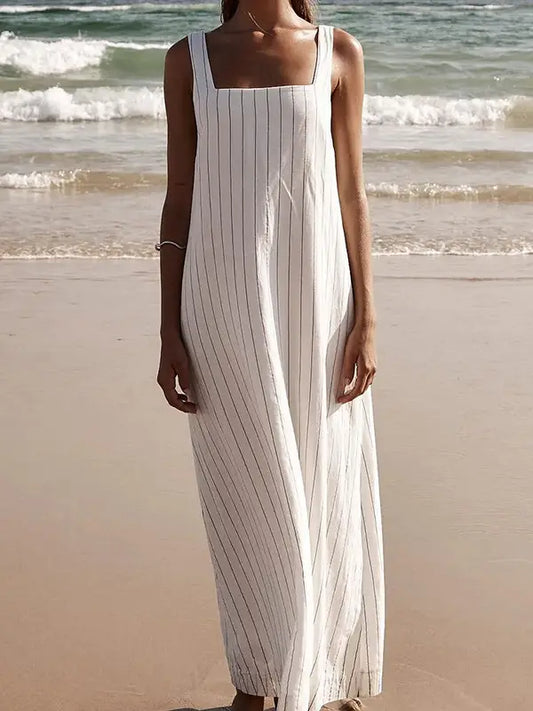 Beachside Chic: White Tank Top Maxi Dress with Black Stripes