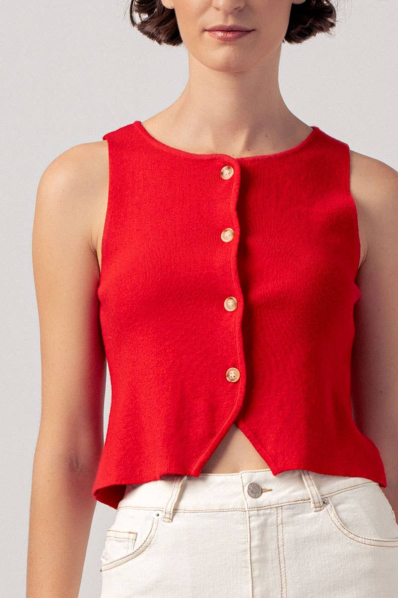 Pearl Button Curved Hem Sleeveless Knit Crop Top