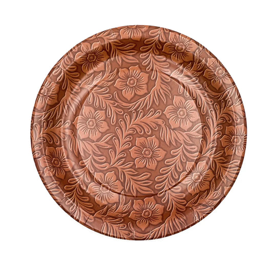 Floral Tooled Leather Dinner Plates (Pack of 8)